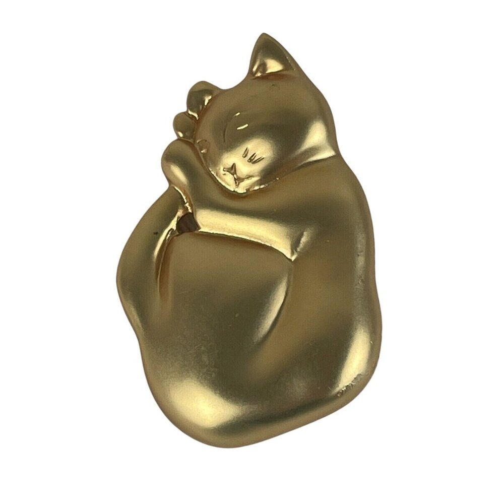 Vintage Gold Tone Sleeping Cat Brooch Pin 80’s 90's Estate - Picture 1 of 7